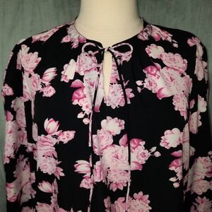Gold Coast Floral Blouse Womens XXL Black Pink Tie Neck Popover Office Career